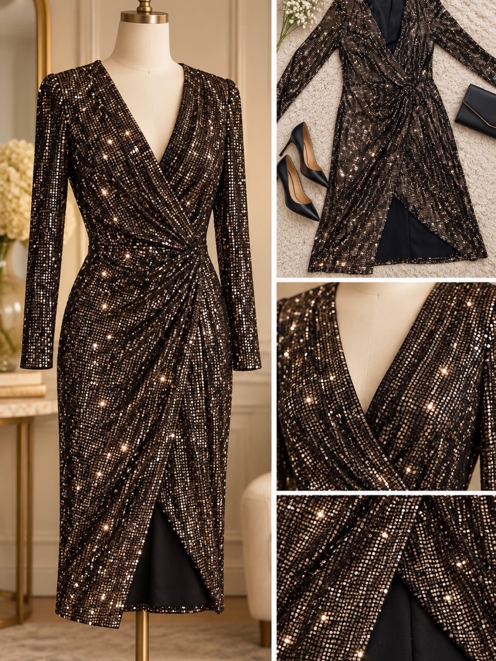 Sparkling Black Sequin Wrap Dress